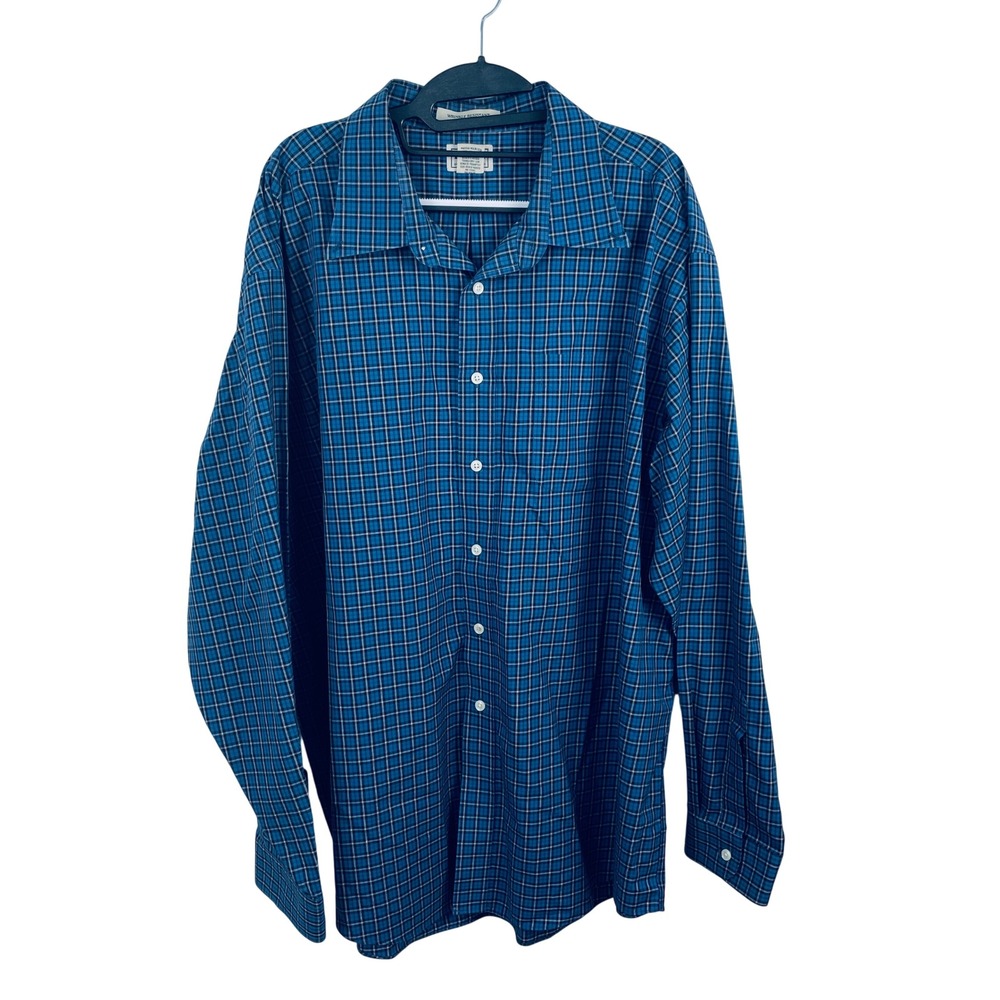 LL Bean Mens XXL Blue Plaid Wrinkle Resistant Cotton Button Down Shirt